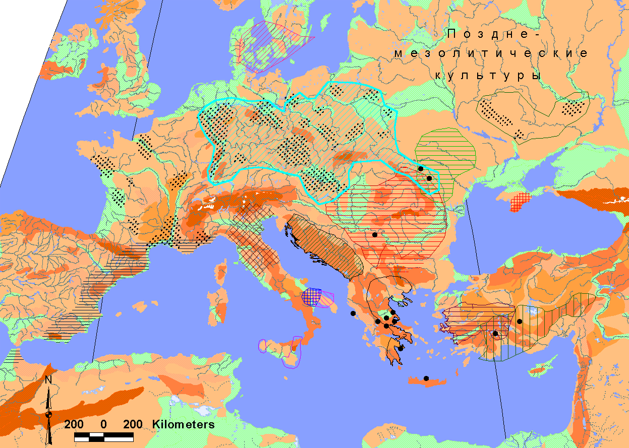 Карта 3. Неолитизация Европы - конец VII, VI и V тыс. до н. э. Основные культуры и культурно-исторические общности