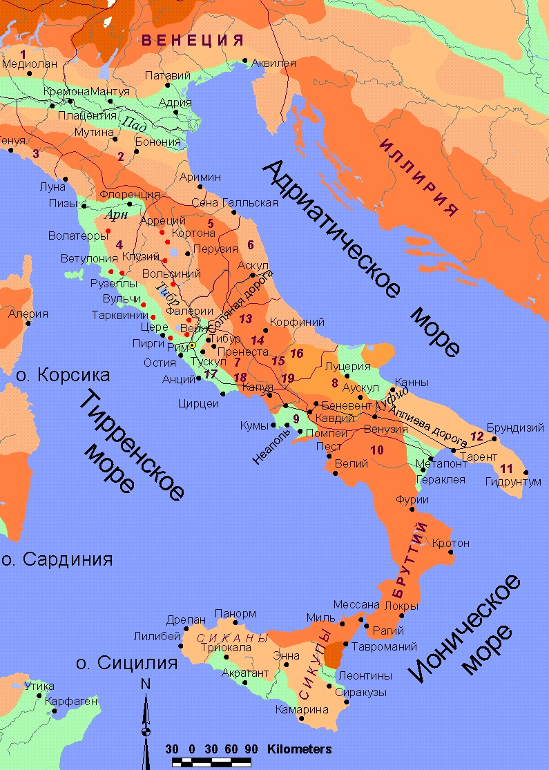 Карта 6. Древняя Италия в VIII - начале III в. до н.э.